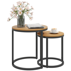 Juego de 2 Mesas de Jardín con Encimera de Madera de Acaica Diseño Listones Mesas Auxiliares de Jardín Nido con Marco de Acero y Pies Ajustables para Balcón Terraza Patio Teca y Negro