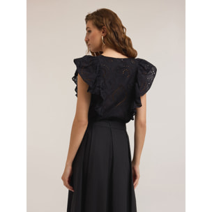 Motivi - Blusa de encaje inglés con volante - Negro