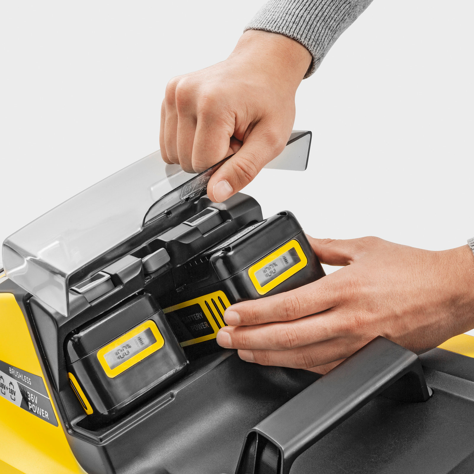 Tondeuse à gazon sans fil 36 V Karcher LMO 4-18 Dual avec 2 batteries 18V-5Ah- moteur brushless- autonomie 450 m²- coupe 37 cm