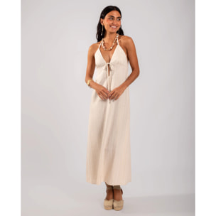 Vestido midi de punto con escote pico y cuello halter