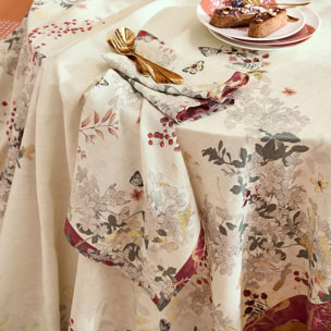 Nappe lin & coton lavé 150 g/m² imprimé beige bordeaux Vintage flowers cranberry