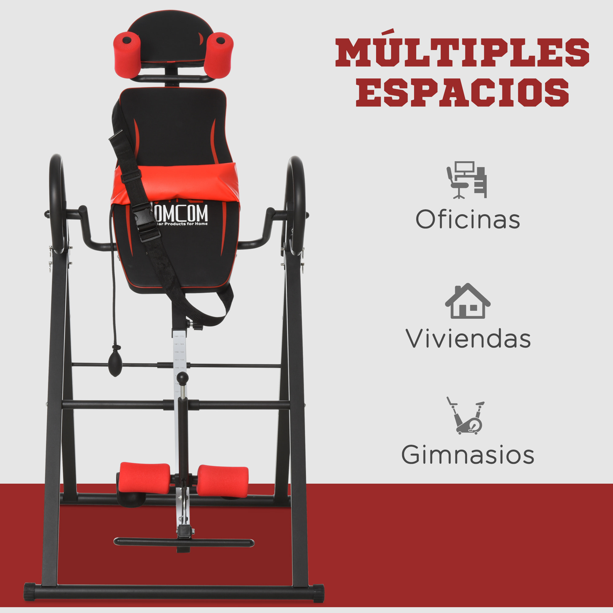 Tabla de Inversión Plegable con Bloqueo de Inclinación, Ángulo Ajustable hasta 90°, Banco de Inversión con Cinturón y Almohadillas de Seguridad para Aliviar Espalda, Mejorar la Circulación Rojo
