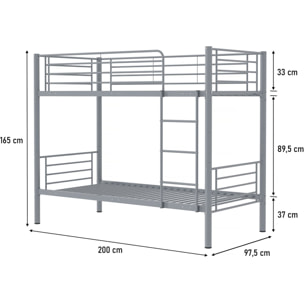 Lit superposé "ADAM" -  90 x 190 cm - Métal - Gris