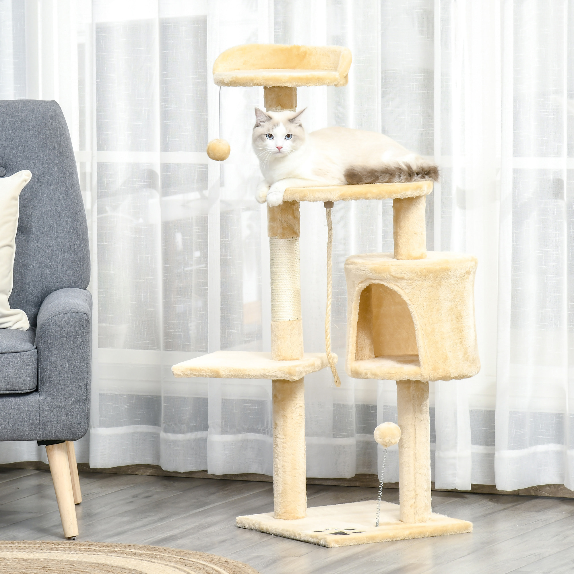 árbol para Gatos de Madera Felpa y Sisal 40x40x114cm Beige