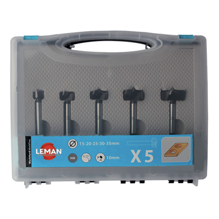 Coffret de 5 mèches à façonner à fond plat LEMAN HM D. 15,20,25,30,35 mm Q. 10 mm - 100.700.05