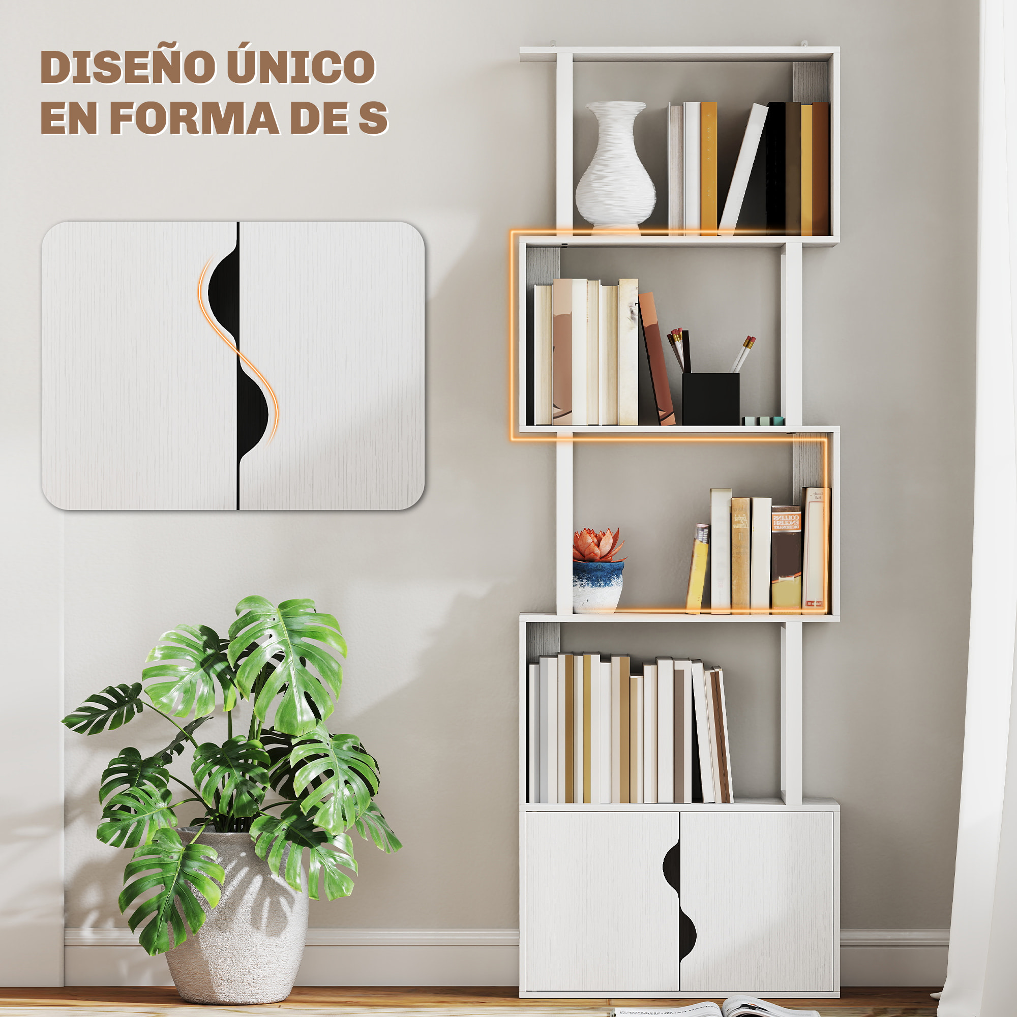 Librería de 5 Niveles en Forma de S Estantería de Libros con 5 Estantes y 2 Puertas para Sala de Estar Oficina Estudio Dormitorio 60x23,8x179,2 cm Blanco