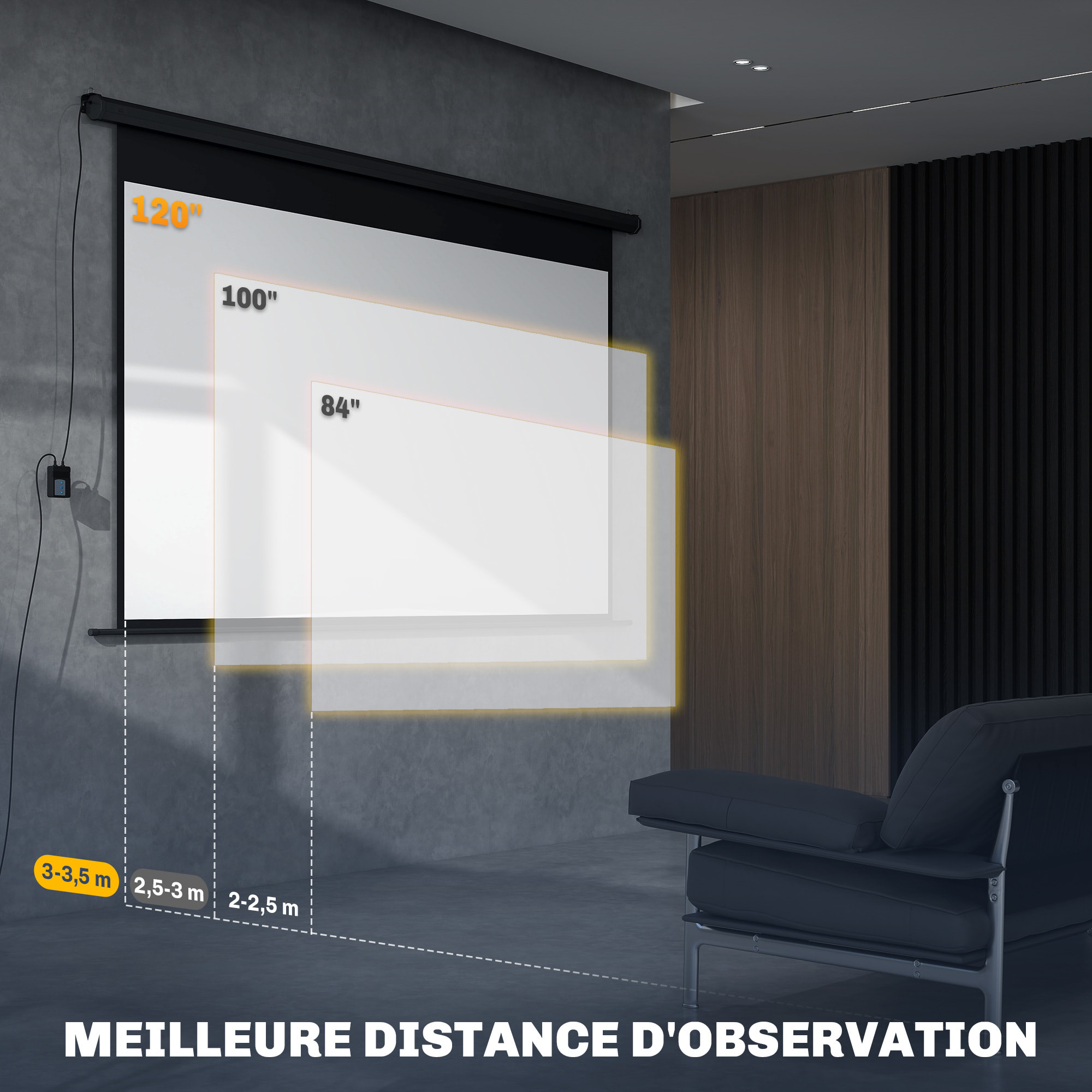 Écran de projection motorisé home-cinéma format 16:9 120 pouces 4K HD avec télécommande noir