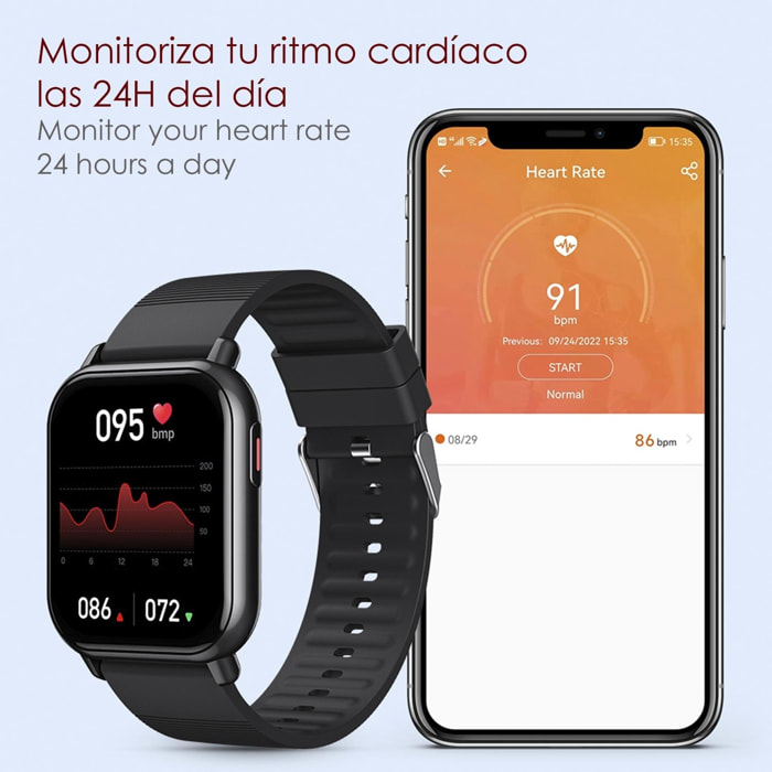 DAM Smartwatch ZW32 con notifiche app, diverse modalità sportive. Monitor della pressione sanguigna e dell'ossigeno, termometro.