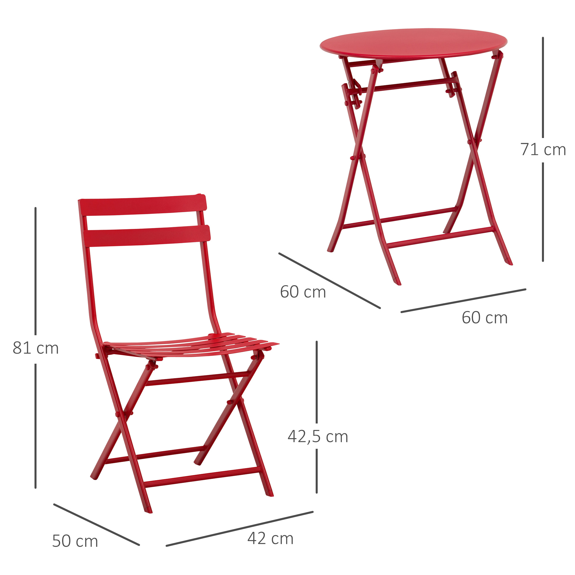 Salon de jardin bistro pliable - table ronde Ø 60 cm avec 2 chaises pliantes - métal thermolaqué rouge