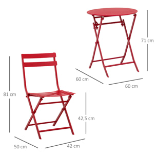 Salon de jardin bistro pliable - table ronde Ø 60 cm avec 2 chaises pliantes - métal thermolaqué rouge