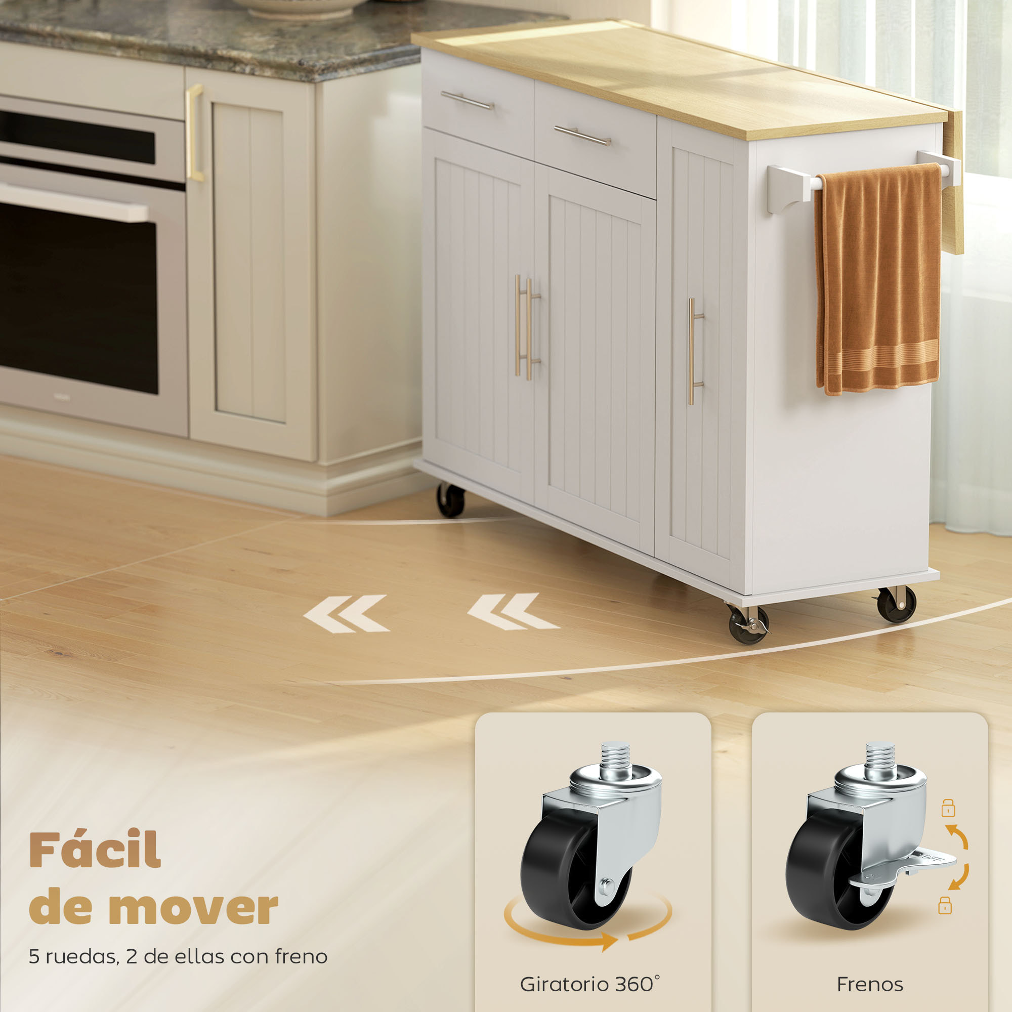 Isla de Cocina con Ruedas, Encimera Plegable, Carro de Cocina con 2 Puertas con Cierre Suave, Bandeja Extraíble de 3 Niveles, 2 Cajones, Barra para Colgar, Blanco