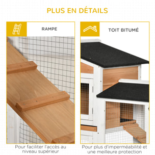 Clapier bois sur roulettes 2 niv. 3 plateaux déjections coulissants sapin blanc pré-huilé
