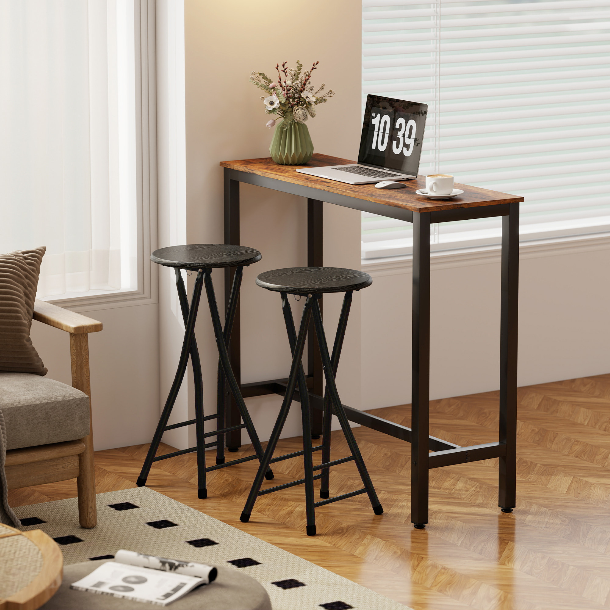 Lot de 2 tabourets de bar pliables assise ronde effet bois