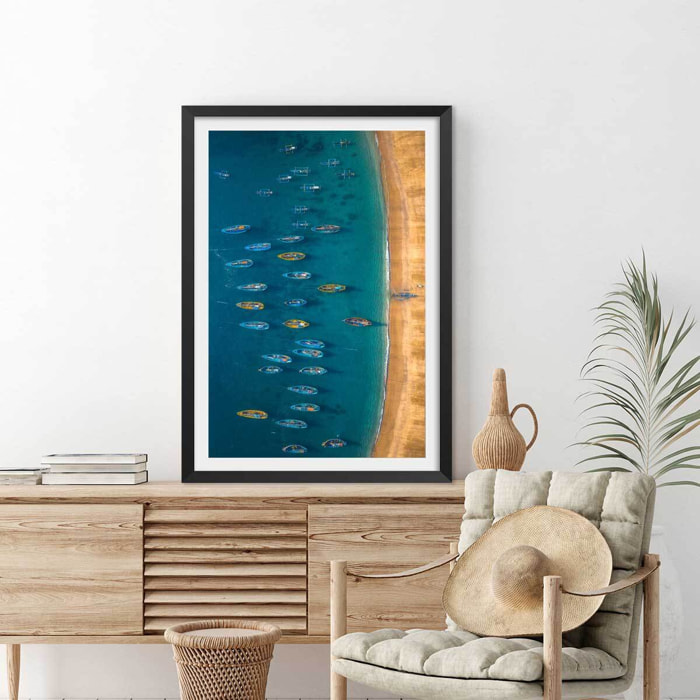 Poster bateaux de pêche Affiche + cadre en bois - Noir