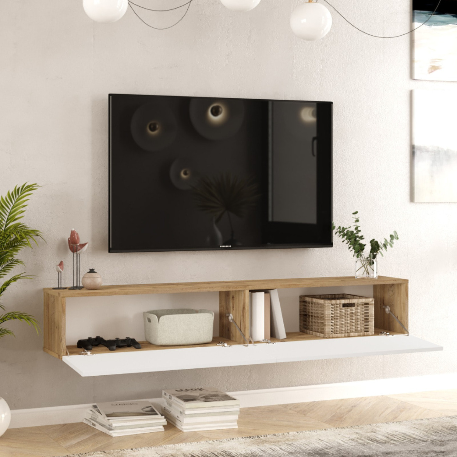 Meuble TV suspendu blanc et bois 180cm LHOI