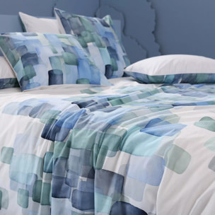 Lot h.couette +taies percale de coton 115 g/m² imprimé bleu vert Ondine mineral