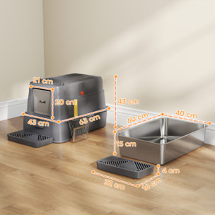 Arenero para Gatos de Acero Inoxidable XL, Caja de Arena para Gatos, Arenero con Tapa Abatible 180°, Laterales Altos, Pedal, Pala, sin Olores, Fácil de Limpiar, Antifugas, Gris Oscuro