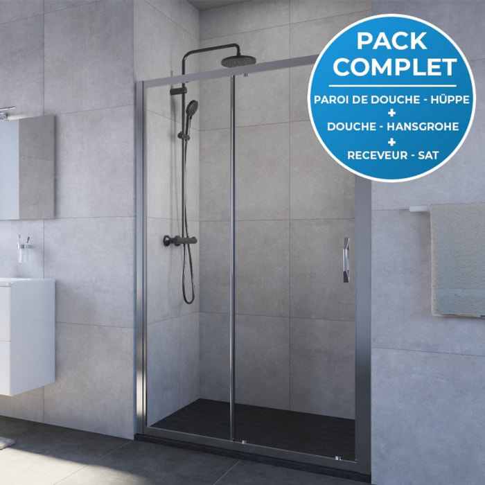 Pack douche : Porte coulissante 120cm + Colonne de douche avec mitigeur thermostatique Hansgrohe + Receveur 120x90cm Noir