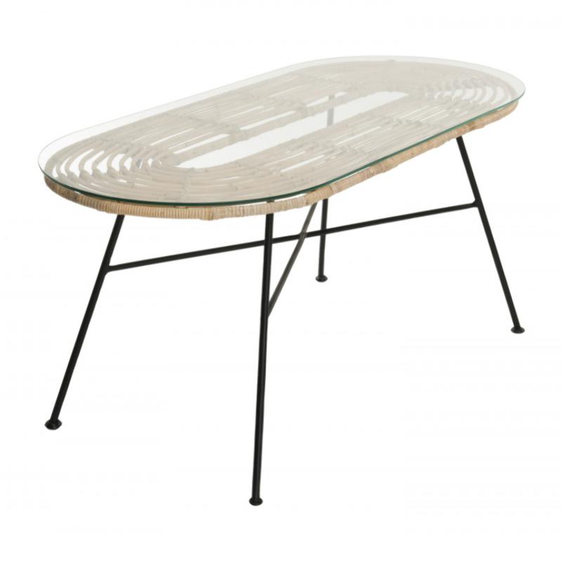 CHLOE - Table basse 100x45cm rotin naturel plateau verre pieds métal noir