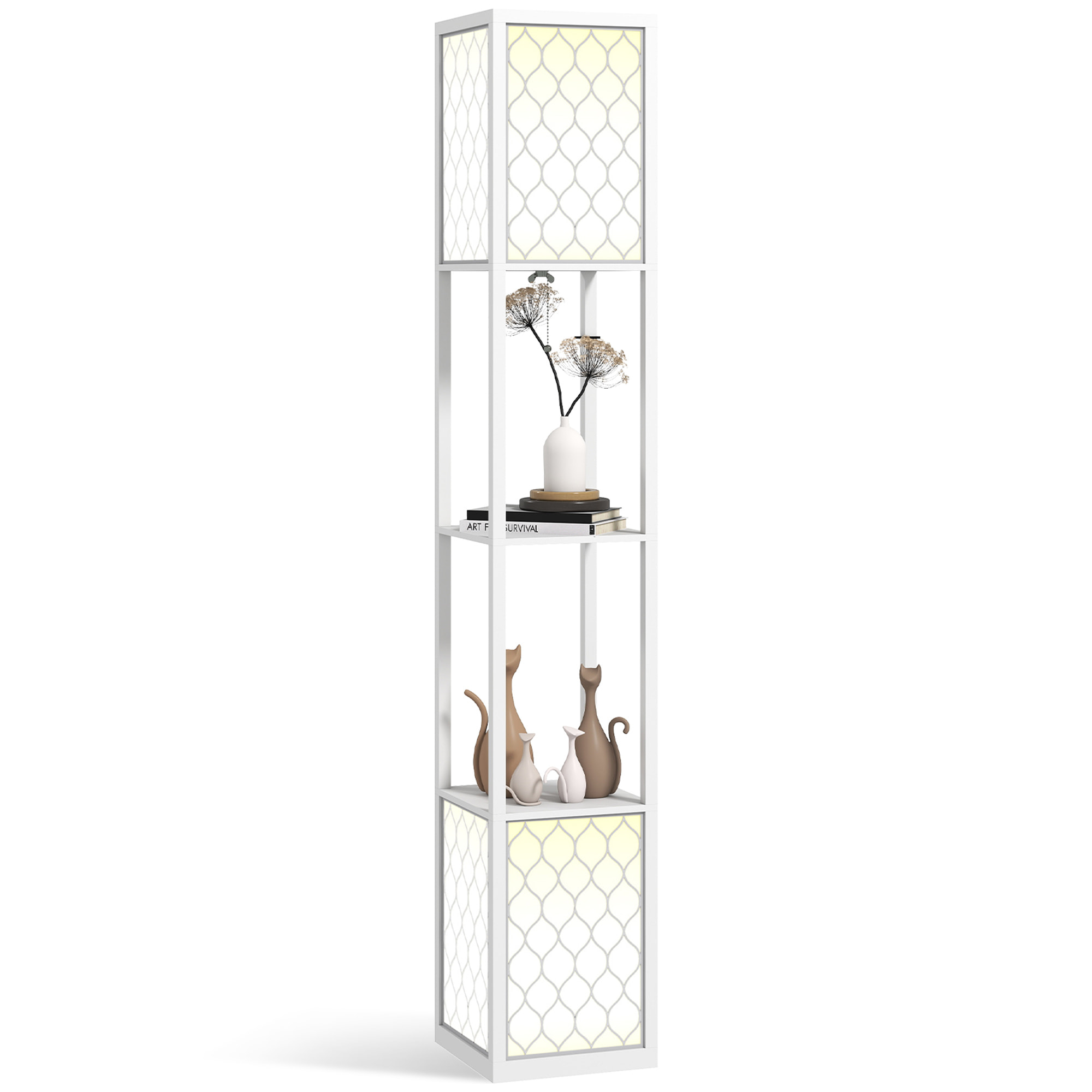 Lámpara de Pie Moderna con Estantes, Lámpara de Pie para Salón Casquillo E27, 40 W, con Pantallas de Tela de Malla e Interruptor de Cadena, para Dormitorio, Oficina y Sala de Estar, Blanco