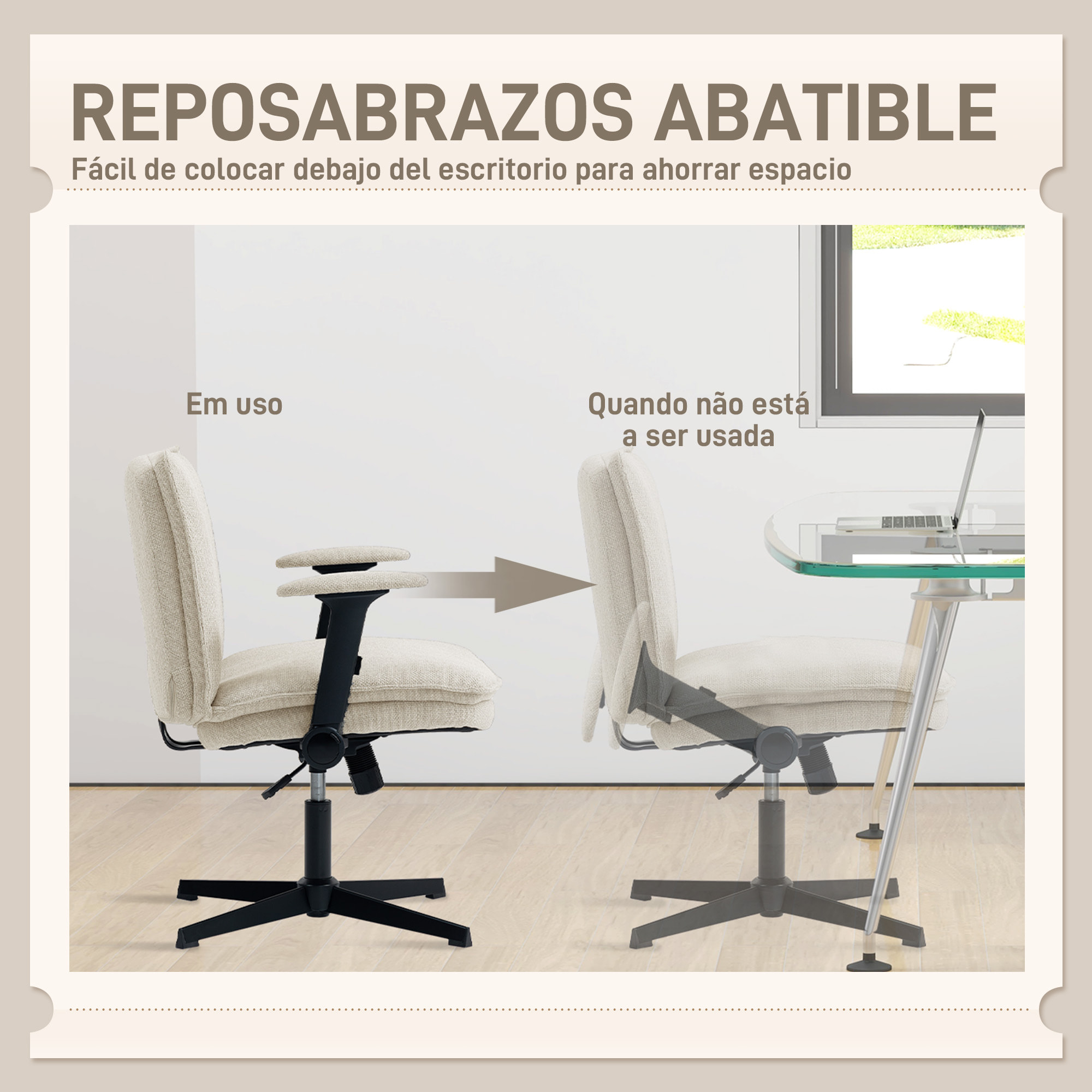 Silla de Oficina Piernas Cruzadas, Silla de Escritorio con Reposabrazos Abatible, Asiento Ancho, sin Ruedas, Altura Ajustable, Giratoria, Función Basculante, Tapizada en Lino, Crema