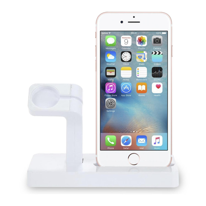 DAM Base de carga para Apple iPhone, conexión Lightning 8 pins y soporte de carga para Apple Watch. 15,2x7,7x9,5 Cm. Color: Blanco