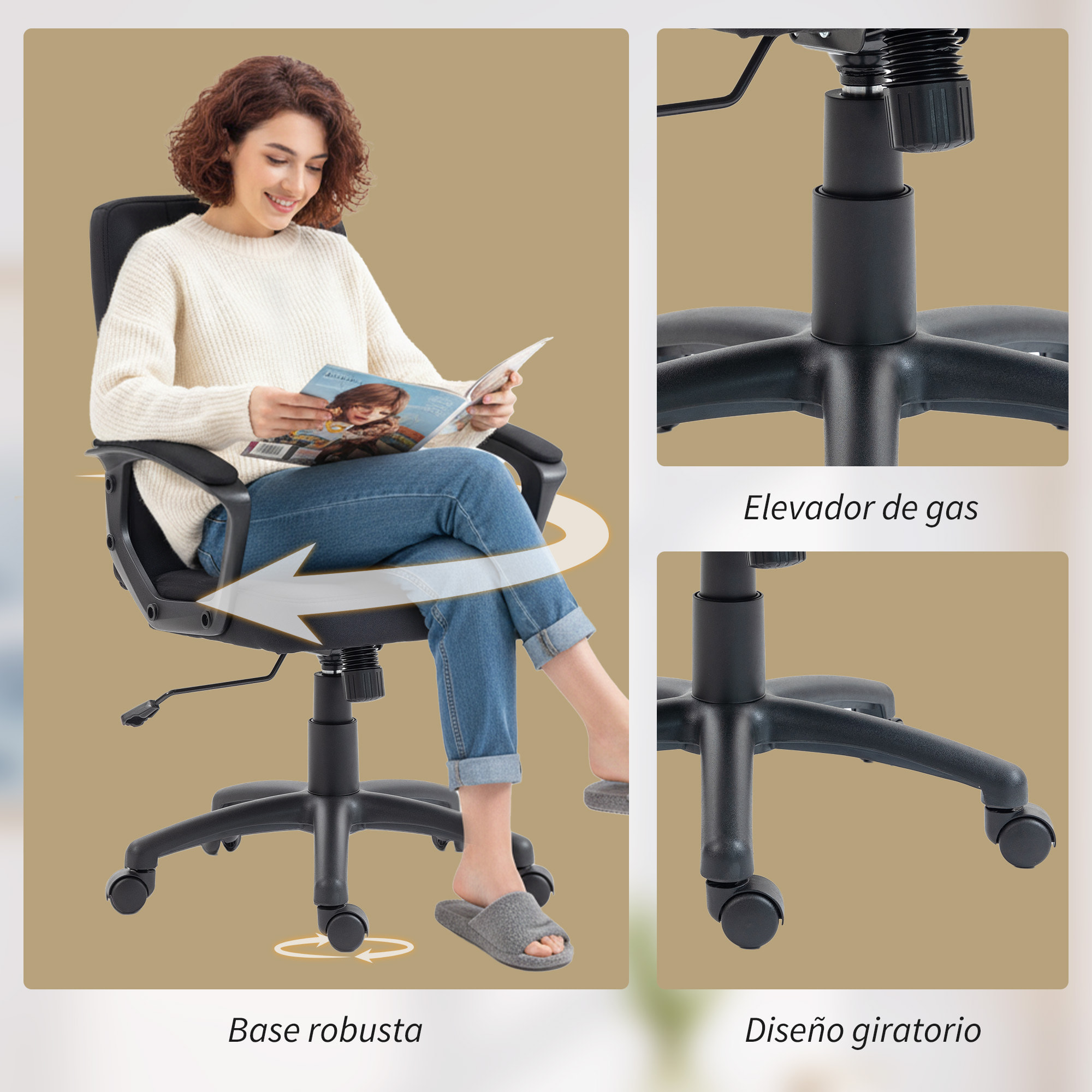 Silla de Oficina, Silla de Escritorio Giratoria, Tapizada en Lino Sintético, Altura Ajustable, Basculante, Respaldo Medio, con Reposabrazos, Ruedas, Negro