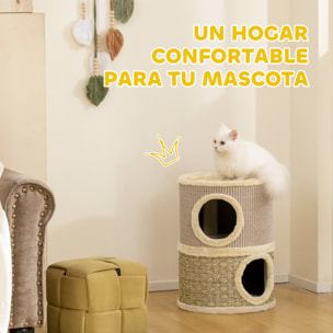 Barril Rascador para Gatos de 2 Niveles, Altura 49 cm, Tonel de Escalada con Cama, Cubierto de Sisal, Torre Rascador para Gatos, Ø35,5x49 cm, Caqui y Café