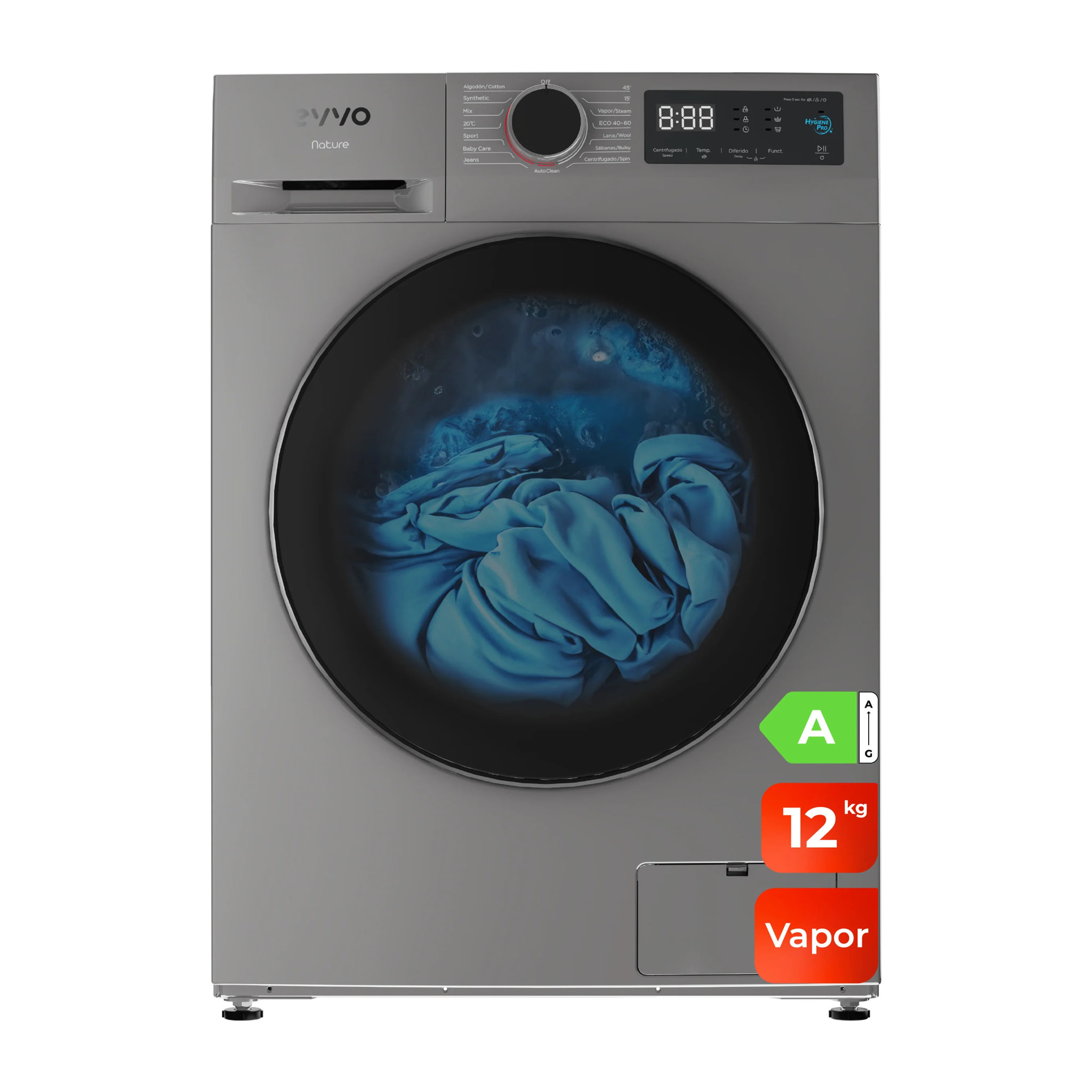 EVVO Lavadora Nature 12 12 kg, 1350 rpm, Clase A, motor inverter, tambor diamante ePROTECT, vapor, 15 programas, 15’ rápido, inox