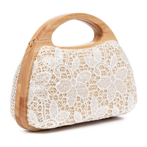 Ausa bolso de mano fabricado en madera natural, con papel trenzado y jute diseño malla de tejido floral