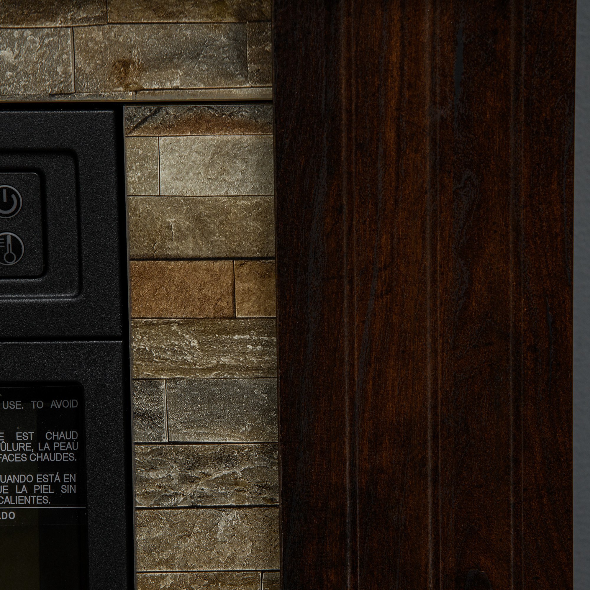 Cheminée électrique 1800W design ranch effet bois foncé et pierre parement télécommande