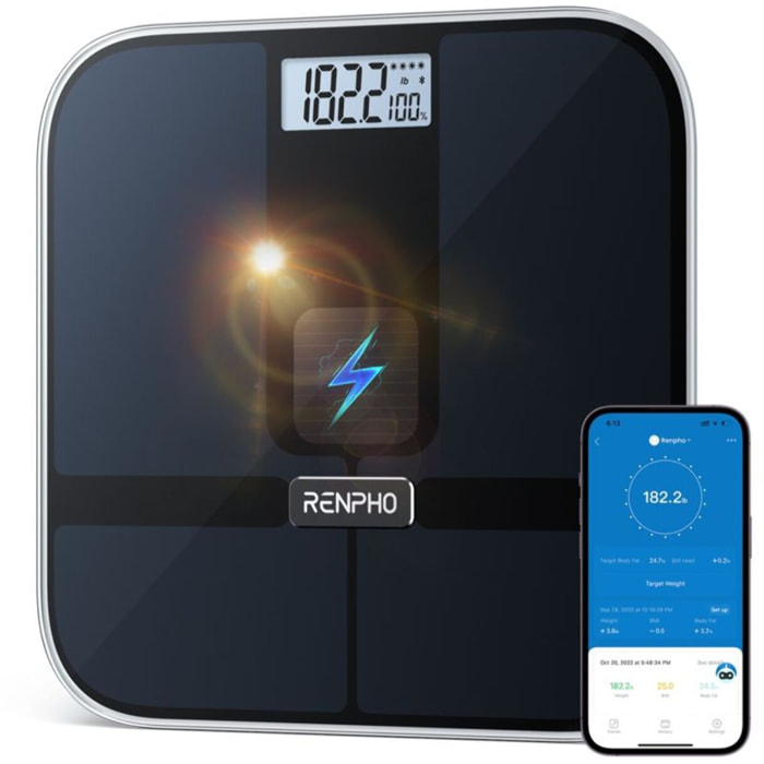 Pèse personne connecté RENPHO Elis Solar 2 A020 connecté, impédancemètre, 13 mesures corporelles - Recharge solaire