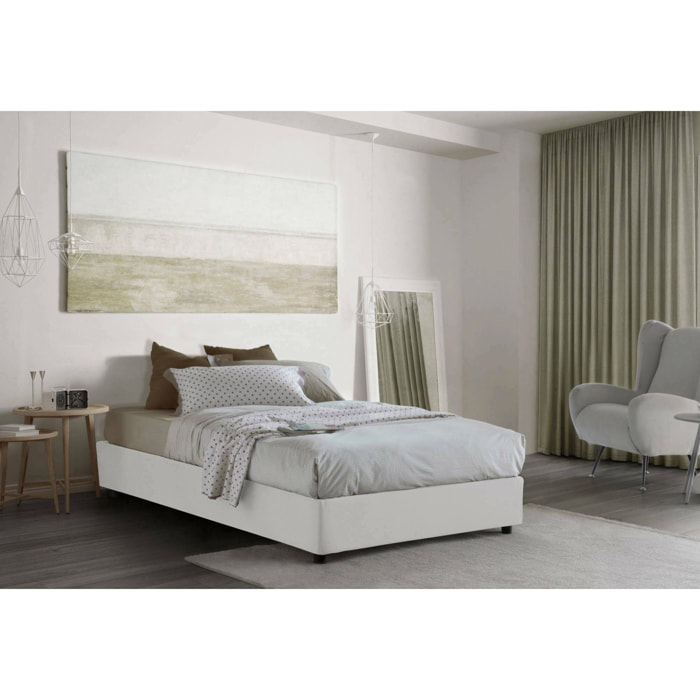 Letto piazza e mezza Camilla, Letto contenitore con rivestimento in tessuto, 100% Made in Italy, Apertura laterale, adatto per materasso Cm 120x190, Bianco