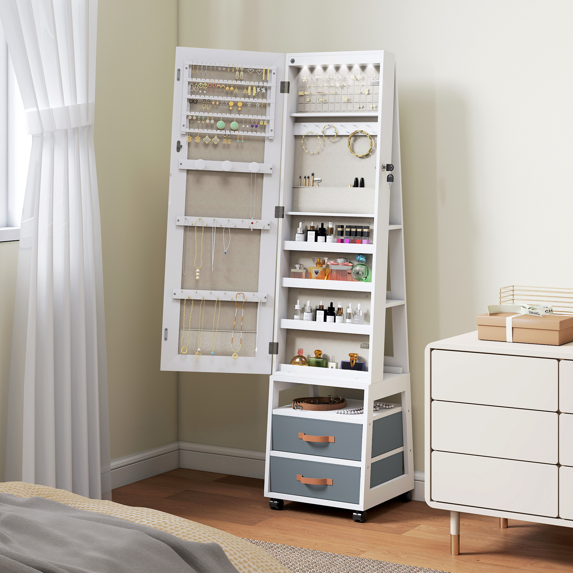 Espejo Joyero con Luces LED Interior, Armario para Joyas con Ruedas, Armario Joyero con Espejo Entero, Giratorio de 360°, Estantes Abiertos, Cajones de Tela, Blanco