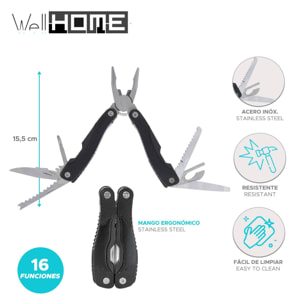 Well home alicates multi herramientas con 16 funciones en acero inoxidable con mango negro 15,5cm