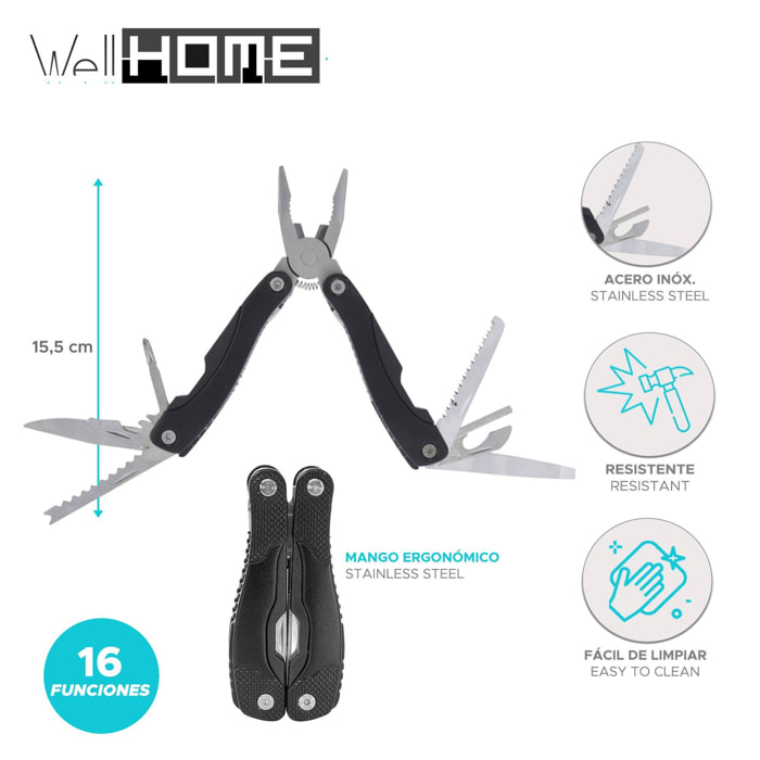 Well home alicates multi herramientas con 16 funciones en acero inoxidable con mango negro 15,5cm