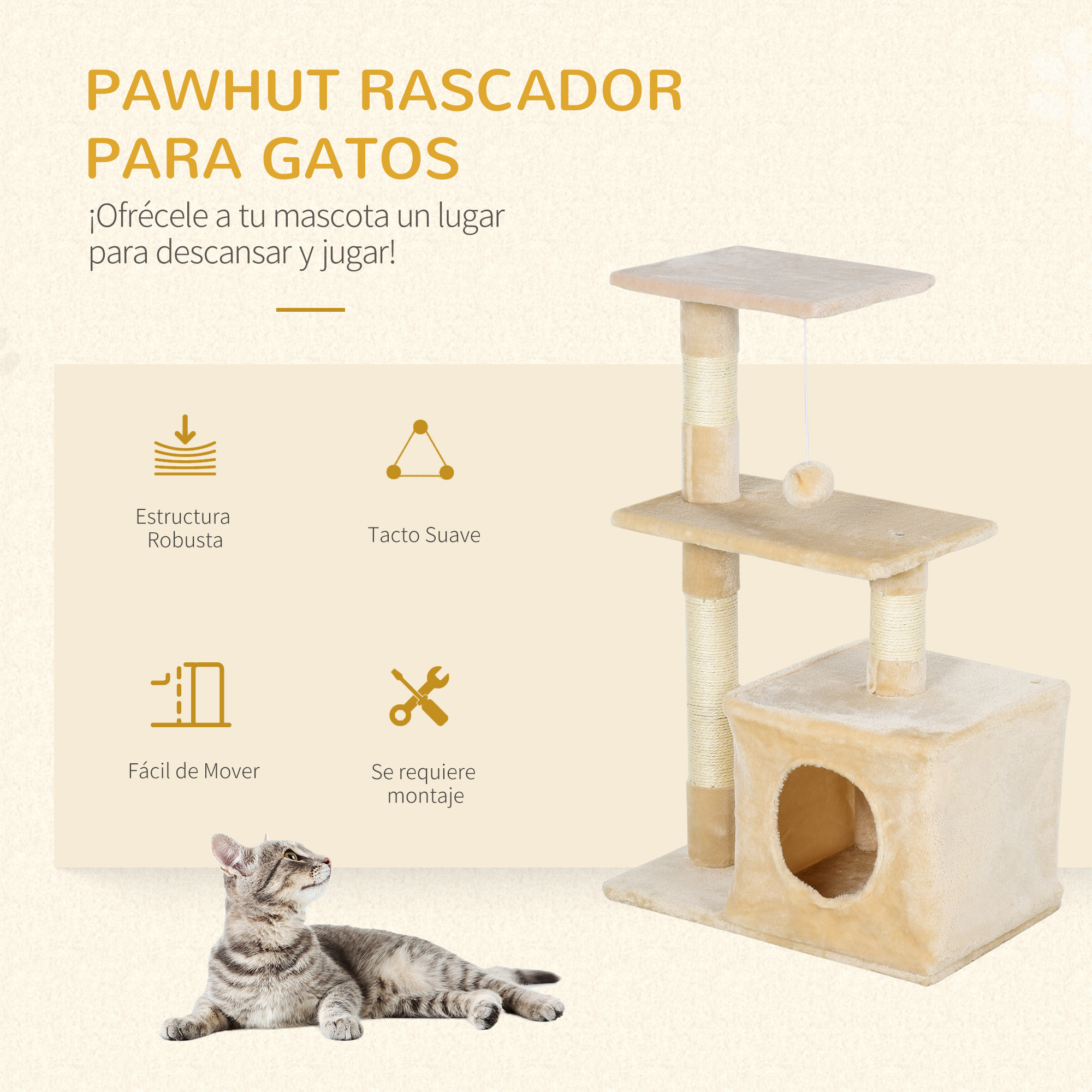 árbol Rascador para Gatos de Felpa y Sisal 50x30x80cm Beige