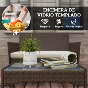 Conjunto Jardín Exterior de Ratán con Cojines Conjunto Terraza Resistente a la Intemperie Muebles Jardín Exterior con 2 Sillones Sofá de 2 Plazas Mesa con Cristal Marrón