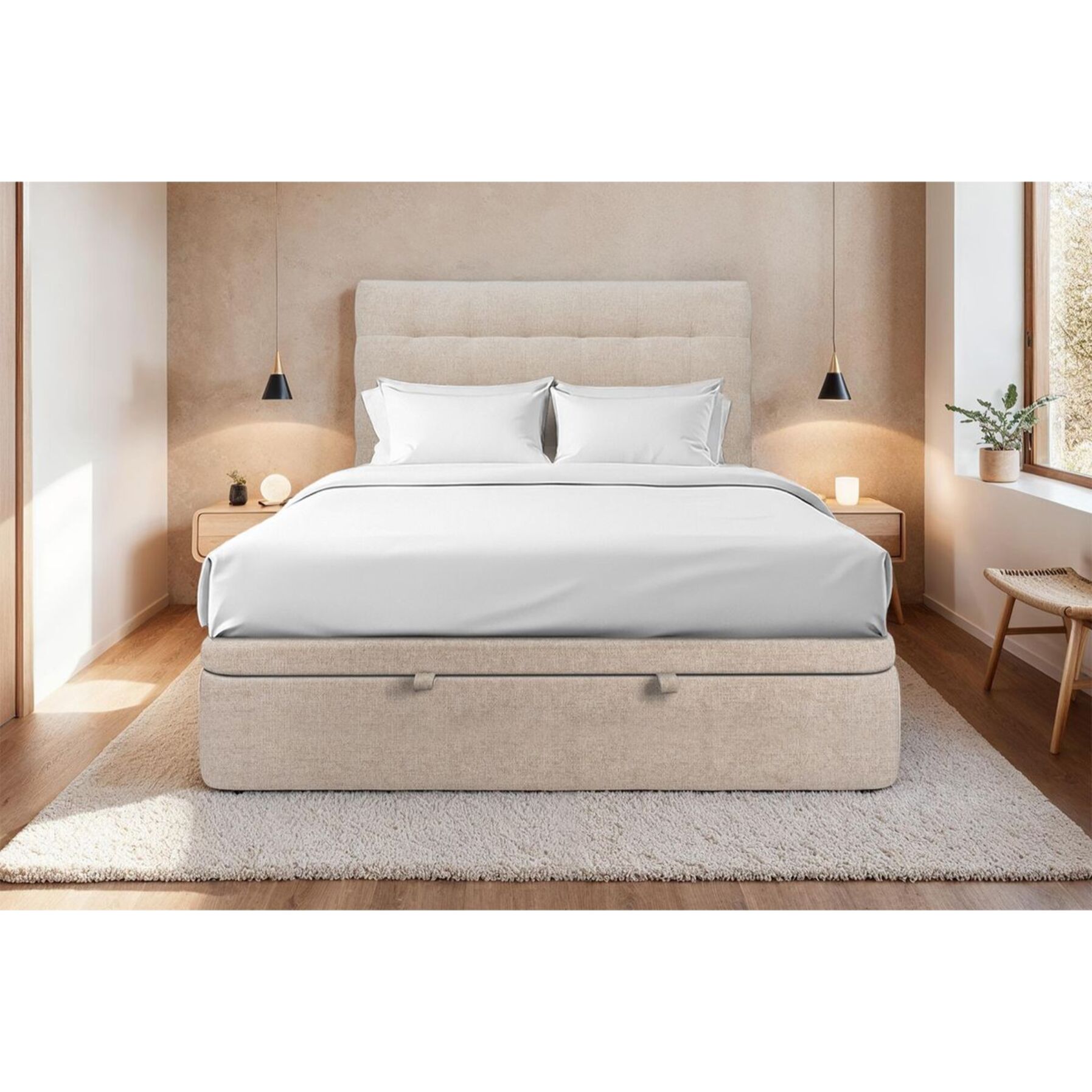 Lit coffre avec tête de lit capitonnée Tissu