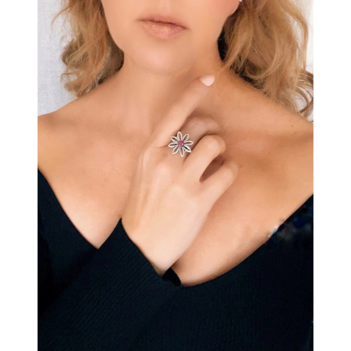 Anillo Margarita plata fuschia