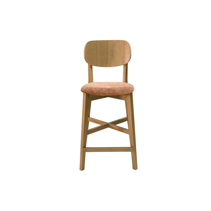 Tabourets de bar en bois clair chêne et tissu effet velours terracotta H65 cm (lot de 2) LUCIA