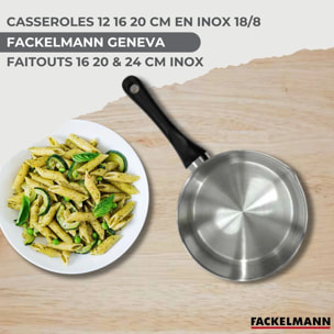 Batterie de cuisine avec 3 casseroles 12/16/20 cm et 3 faitouts 16/20/24 cm avec 6 ustensiles de cuisine sans PFAS Fackelmann Généva Brillant Fénix