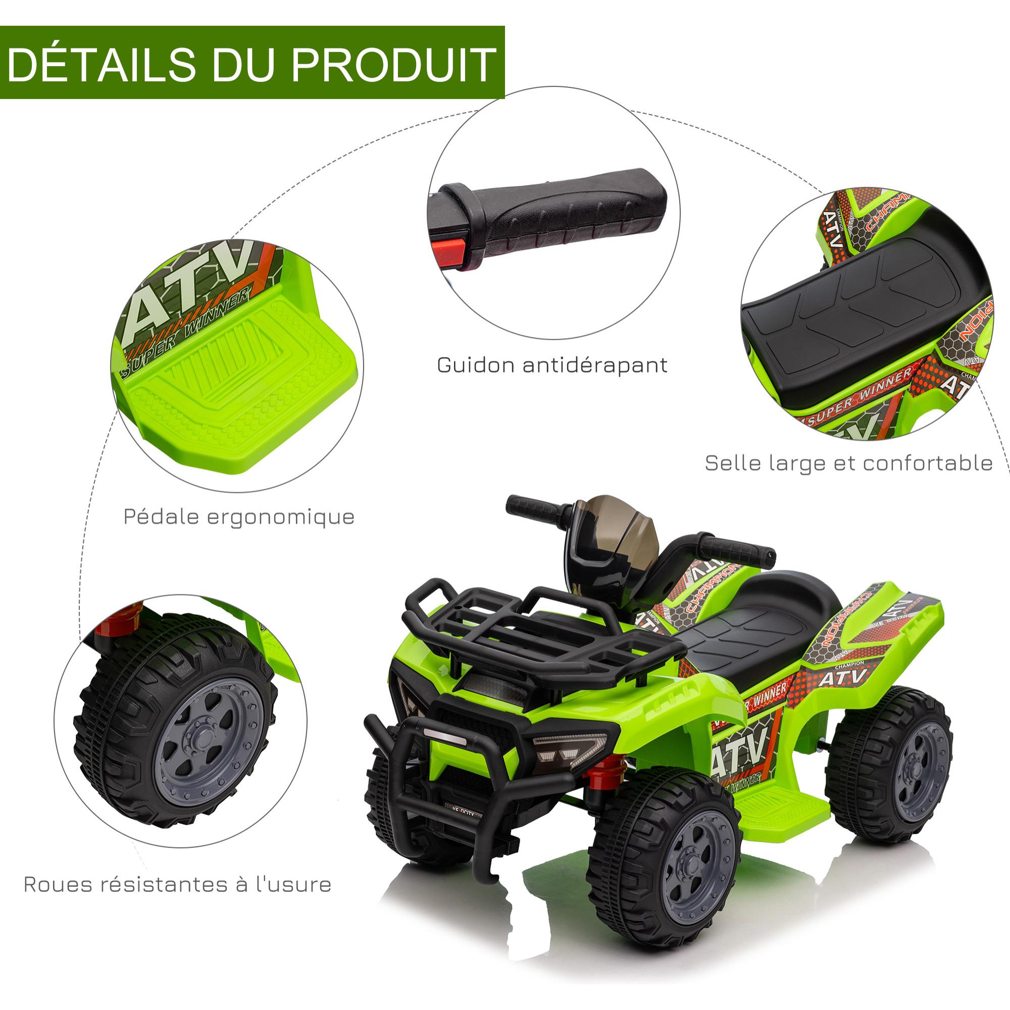Buggy électrique enfant quad électrique pour enfant de 18 à 36 mois effet lumineux 6 V 2 Km/h max. métal PP vert