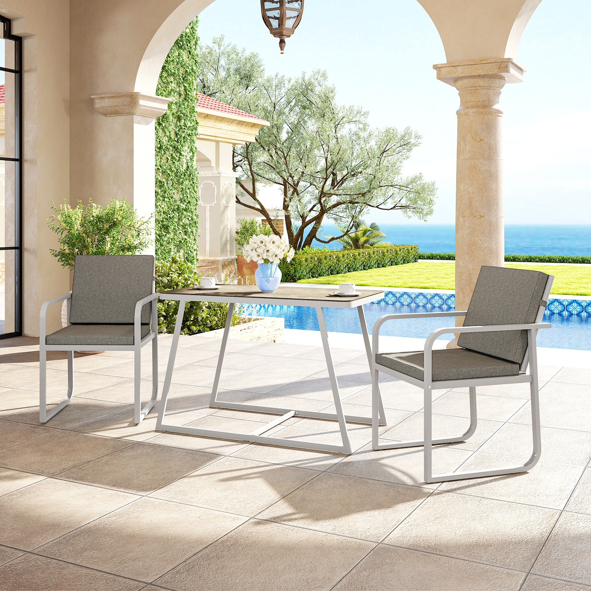 Salon de jardin design relax 2 personnes 3 pièces avec coussins déhoussables gris