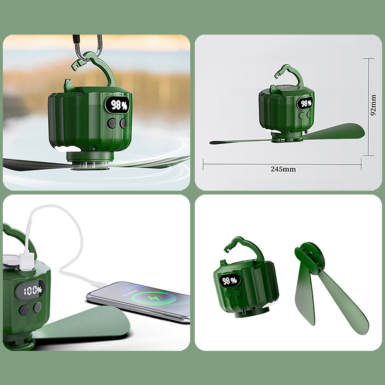 Ventilador P15 con motor sin escobillas, LED con 12 luces, 3 velocidades, 3 niveles de luz y 3 temporizadores. Incluye mando, aspas desmontables y powerbank de 10400 mAh.