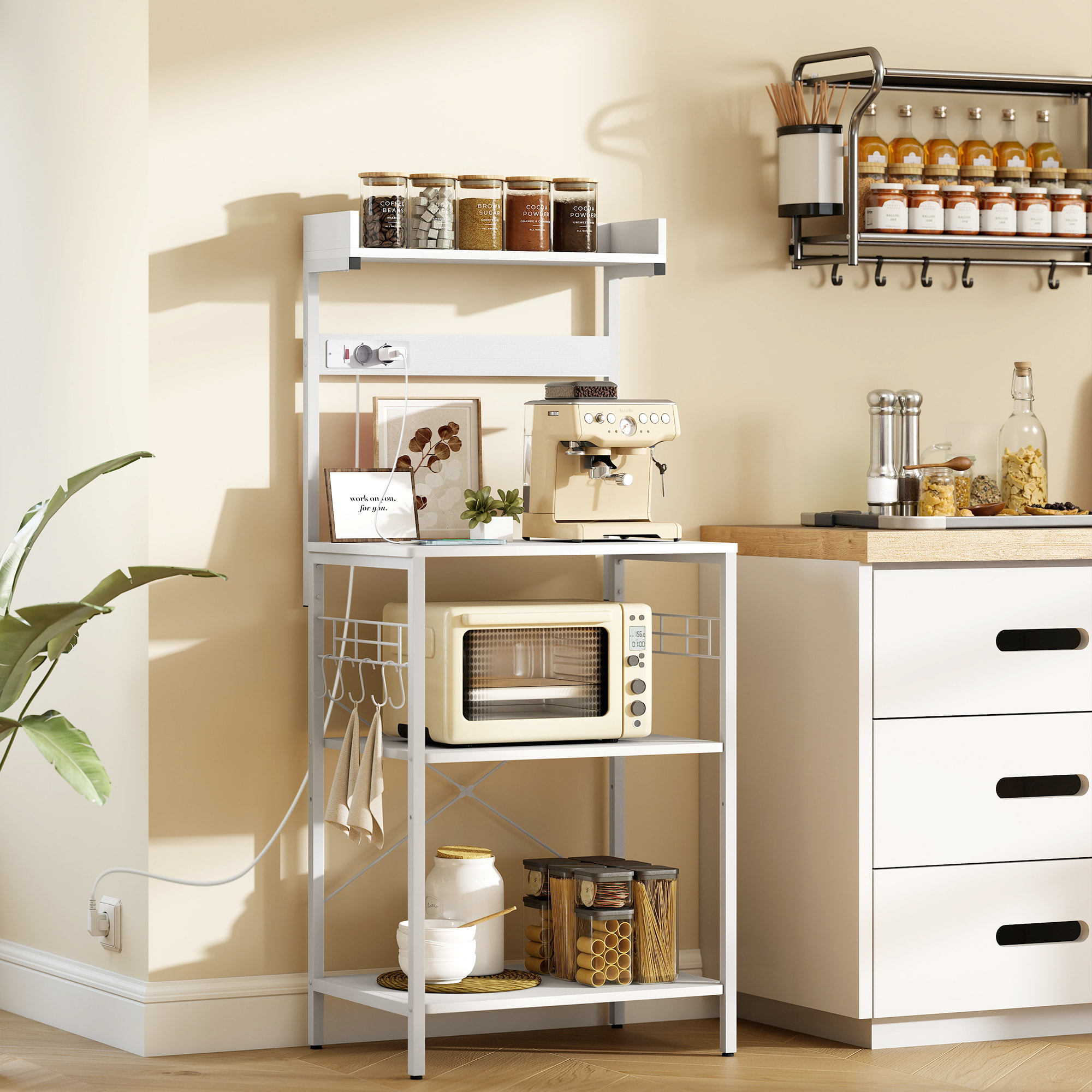 Estantería de Cocina con 2 Tomacorrientes, Estantería de Panadería Industrial con Estación de Café, Estante para Microondas, Estante Ajustable, Ganchos, 60x42x137 cm, Blanco