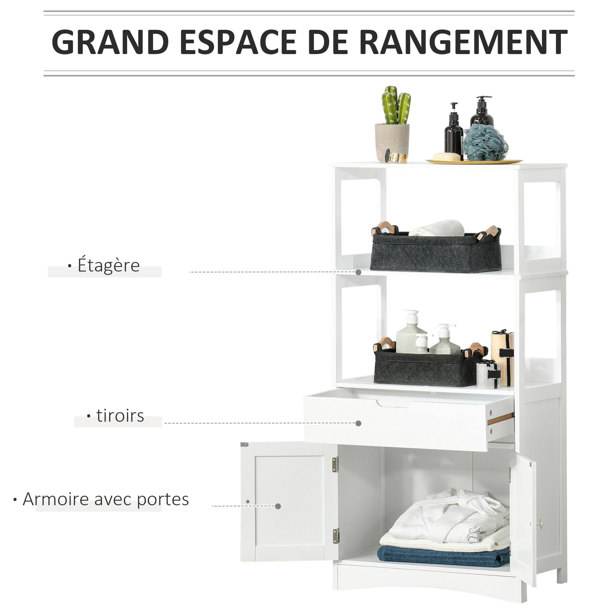 Meuble de rangement salle de bain - 2 portes, tiroir, 3 étagères - dim. 60L x 33l x 122H cm - MDF blanc