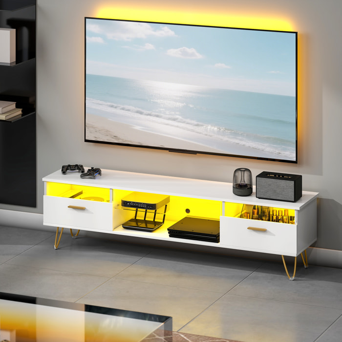 Meuble TV blanc laqué LED design multi-rangement dim. 160x35x42cm