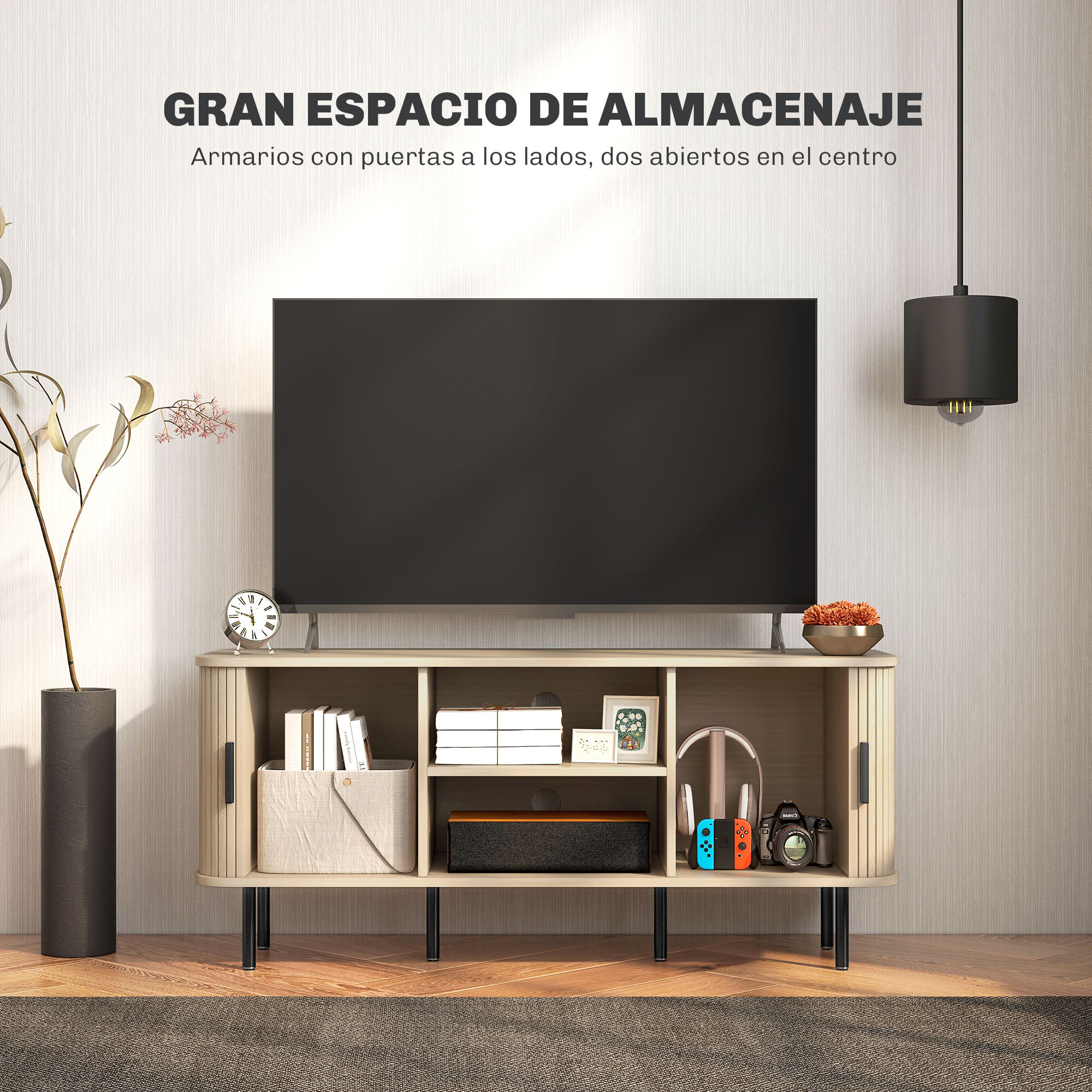 Mueble de TV Vintage Mesa de TV de Salón con 2 Puertas Correderas de Tambor 2 Estantes Abiertos Mueble para Televisores de 55 Pulgadas 120x40x55 cm Roble