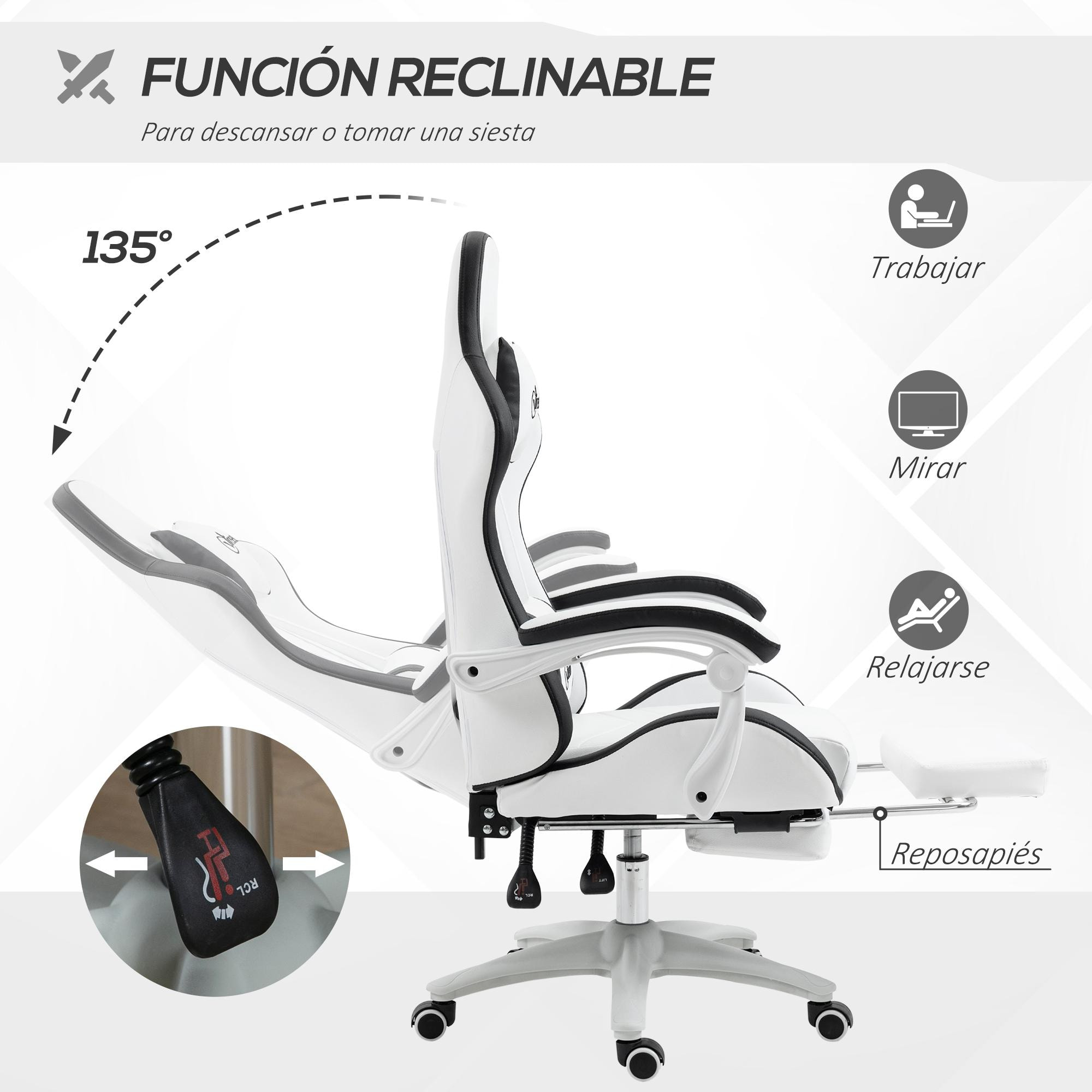 Silla Gaming Silla Gamer Racing de Cuero PU con Altura Ajustable Reclinable 135° Reposacabezas y Reposapiés Retráctil para Oficina Estudio 65x65x121-129 cm Blanco